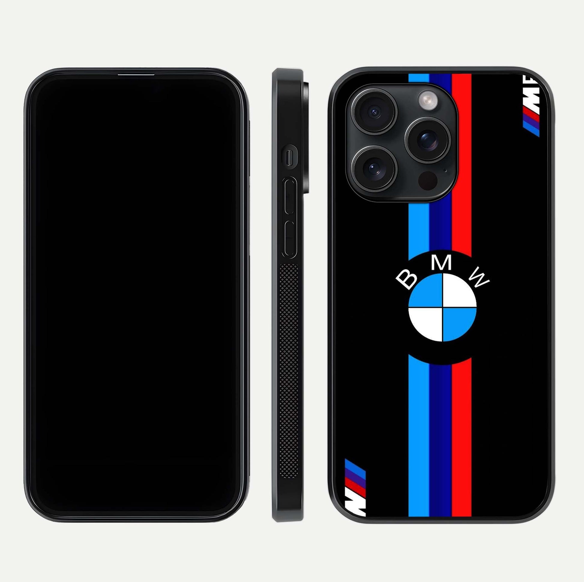 Turbo BMW Beast Glass Case for iPhone 15 Pro front & back layout showing bold design and smooth finish