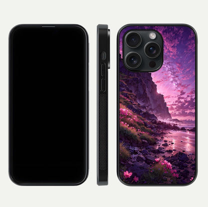 Twilight Blossom Coast Glass Case for iPhone 15 Pro front & back layout showing floral tones and curved edge