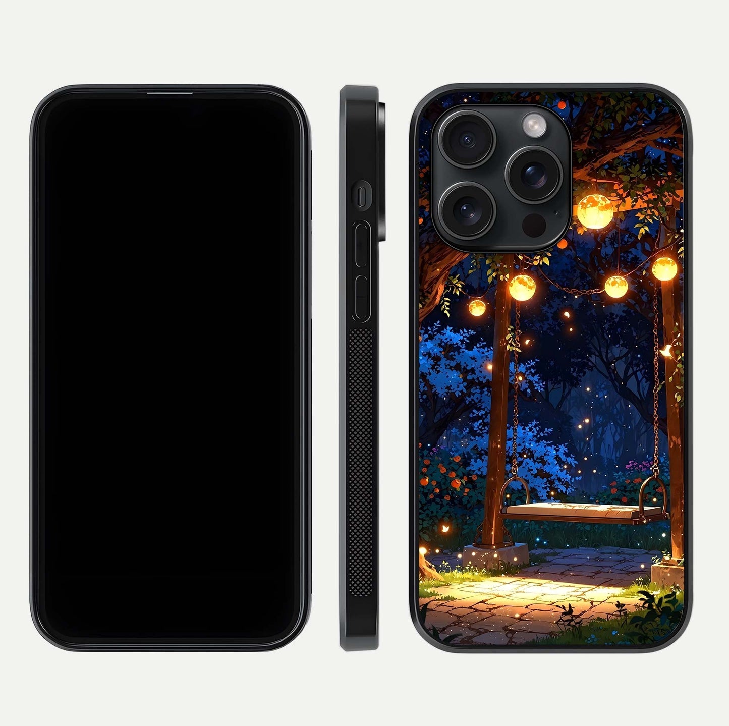 Twilight Garden Swing Glass Case for iPhone 15 Pro front & back layout showing garden art and clean edge
