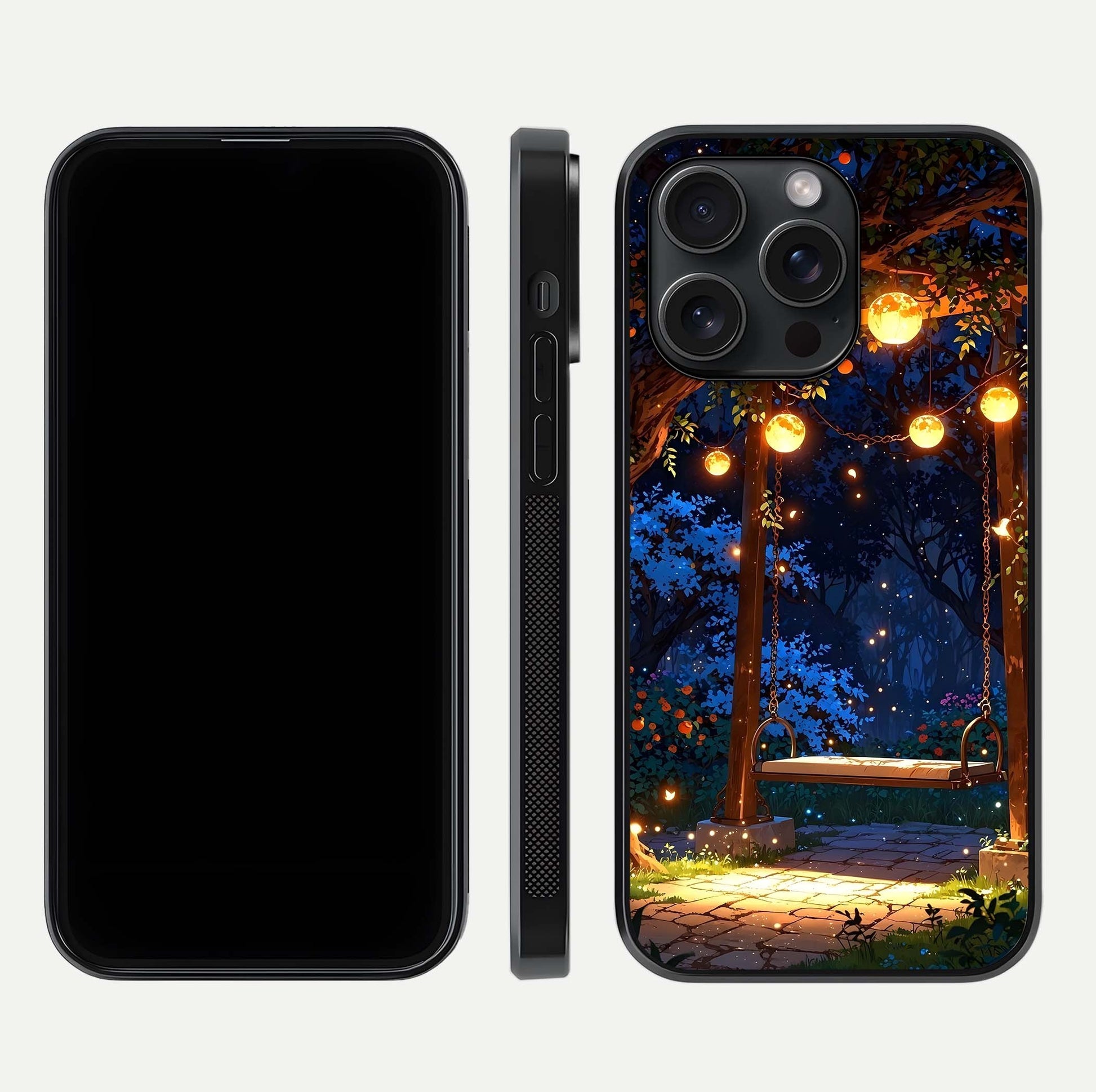 Twilight Garden Swing Glass Case for iPhone 15 Pro front & back layout showing garden art and clean edge