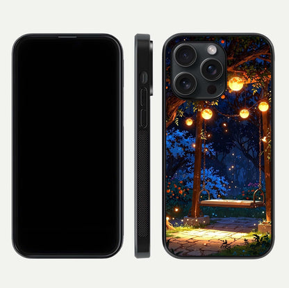 Twilight Garden Swing Glass Case for iPhone 15 Pro front & back layout showing garden art and clean edge