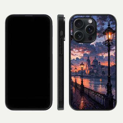 Twilight River Lights Glass Case for iPhone 15 Pro front & back layout showing scenic artwork and smooth curved edges