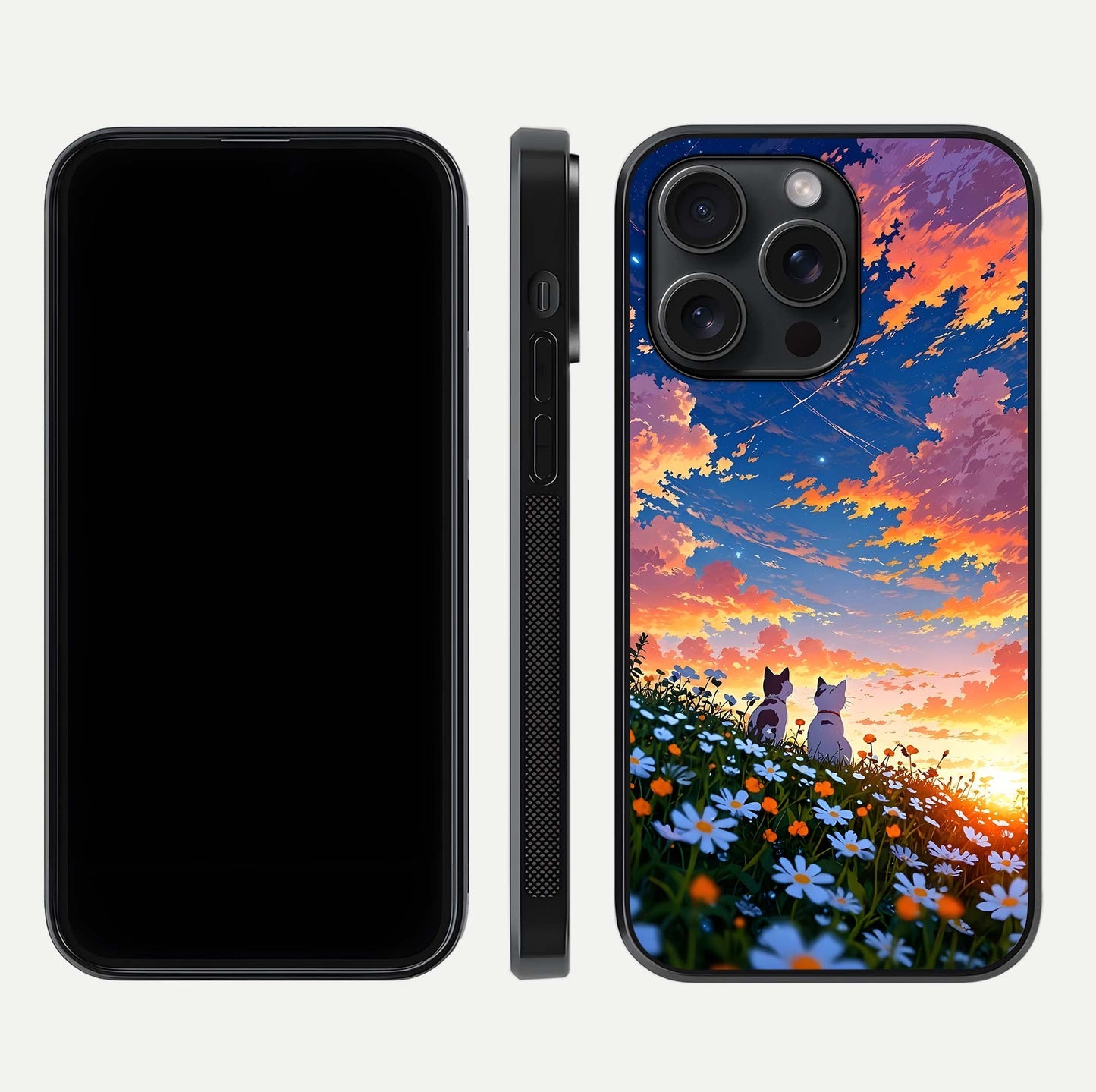 Two Cats Friends Glass Case for iPhone 15 Pro front & back layout showing friendly cat theme and edge design