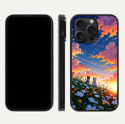 Two Cats Friends Glass Case for iPhone 15 Pro front & back layout showing friendly cat theme and edge design