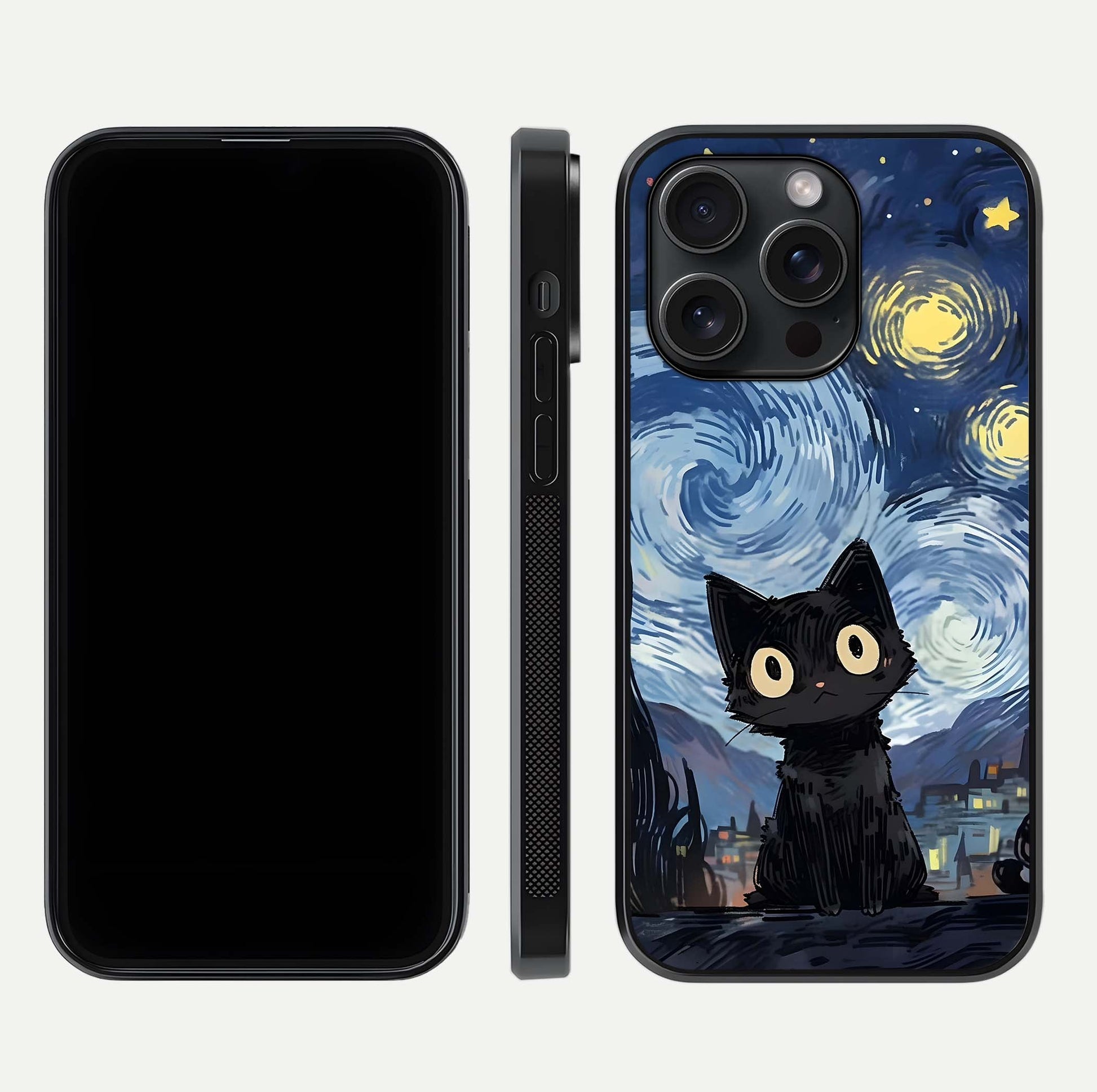Van Gogh Cat Glass Case for iPhone 15 Pro front & back layout showing detailed art print and curved glass edges