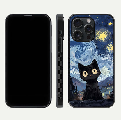 Van Gogh Cat Glass Case for iPhone 15 Pro front & back layout showing detailed art print and curved glass edges