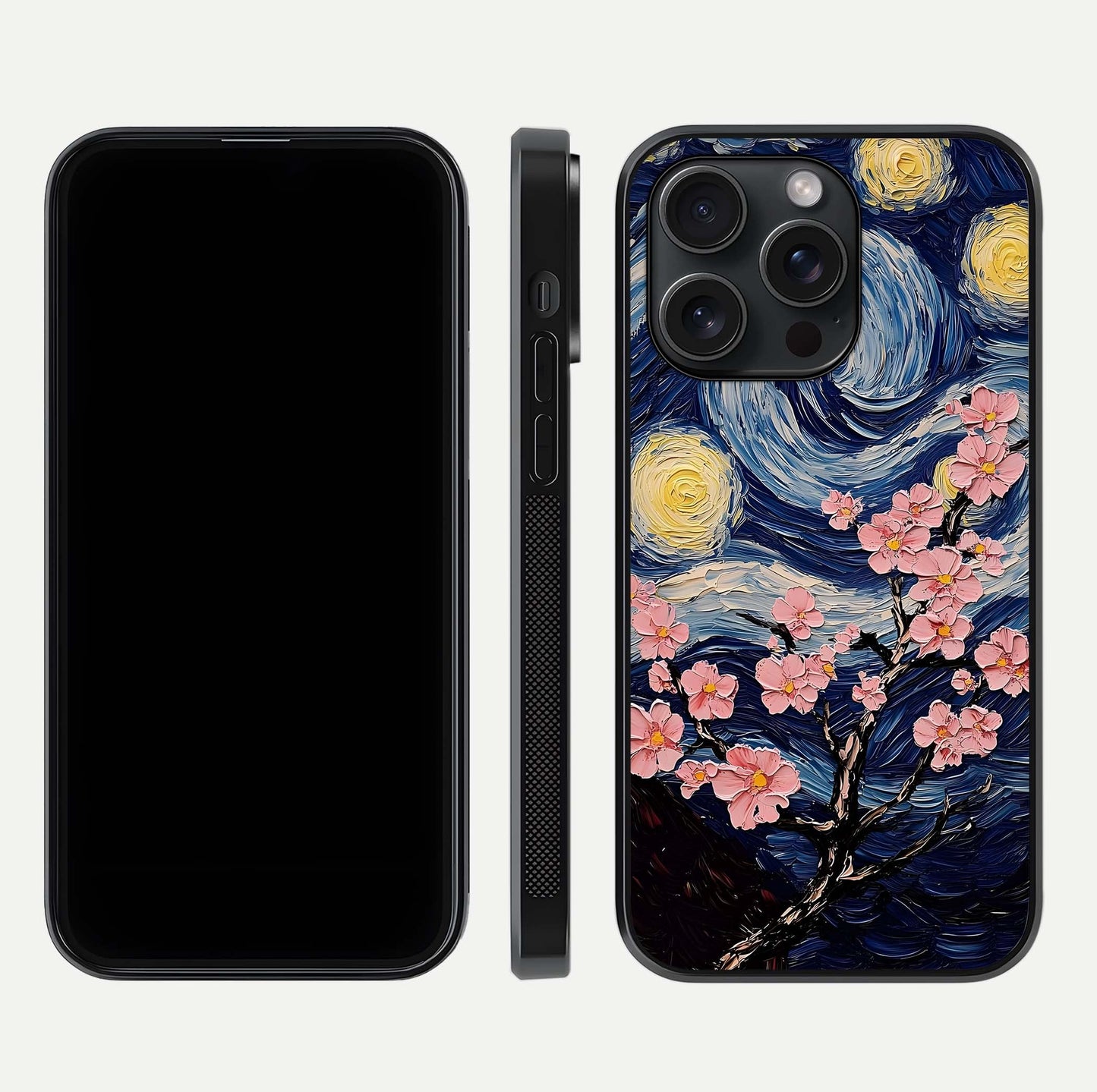 Van Gogh Scenery Glass Case for iPhone 15 Pro front & back layout showing vibrant tones and detailed design