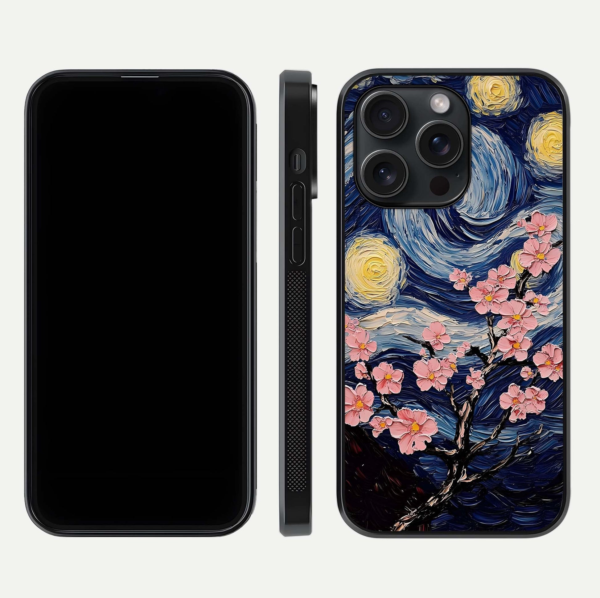 Van Gogh Scenery Glass Case for iPhone 15 Pro front & back layout showing vibrant tones and detailed design