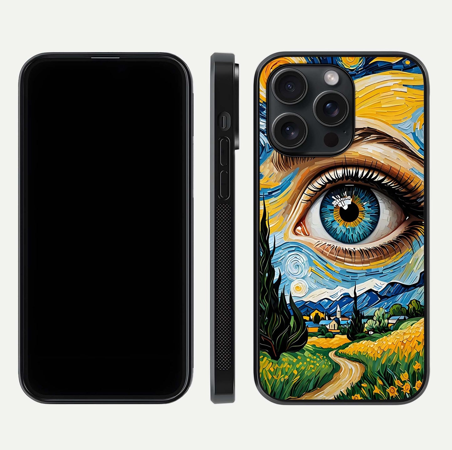 Van Gogh Eye Glass Case for iPhone 15 Pro front & back layout showing brushstroke detail and smooth finish