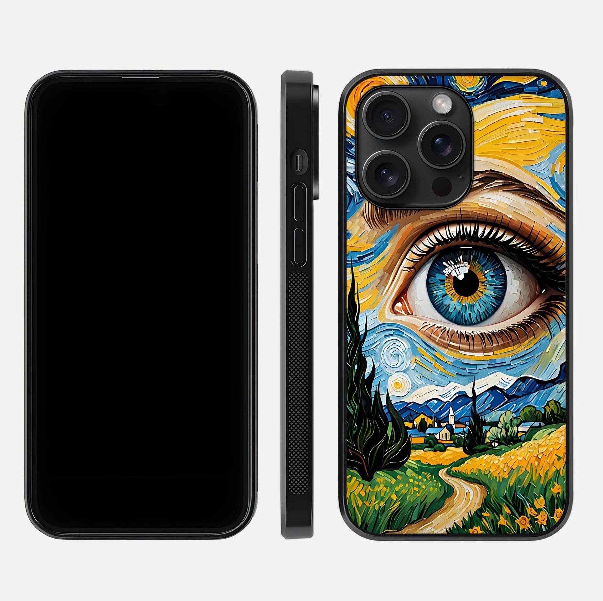 Van Gogh Eye Glass Case for iPhone 15 Pro front & back layout showing brushstroke detail and smooth finish