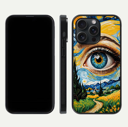 Van Gogh Eye Glass Case for iPhone 15 Pro front & back layout showing brushstroke detail and smooth finish