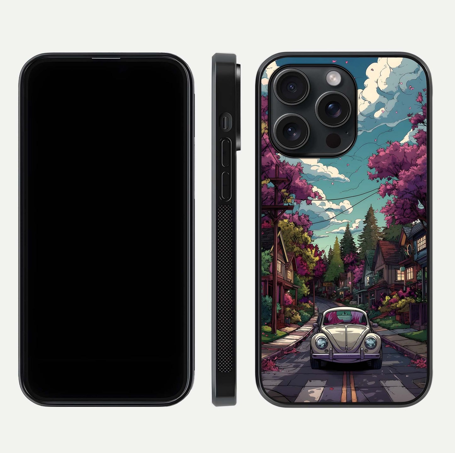 Vintage Street Drive Glass Case for iPhone 15 Pro front & back layout showing retro street scene and edges