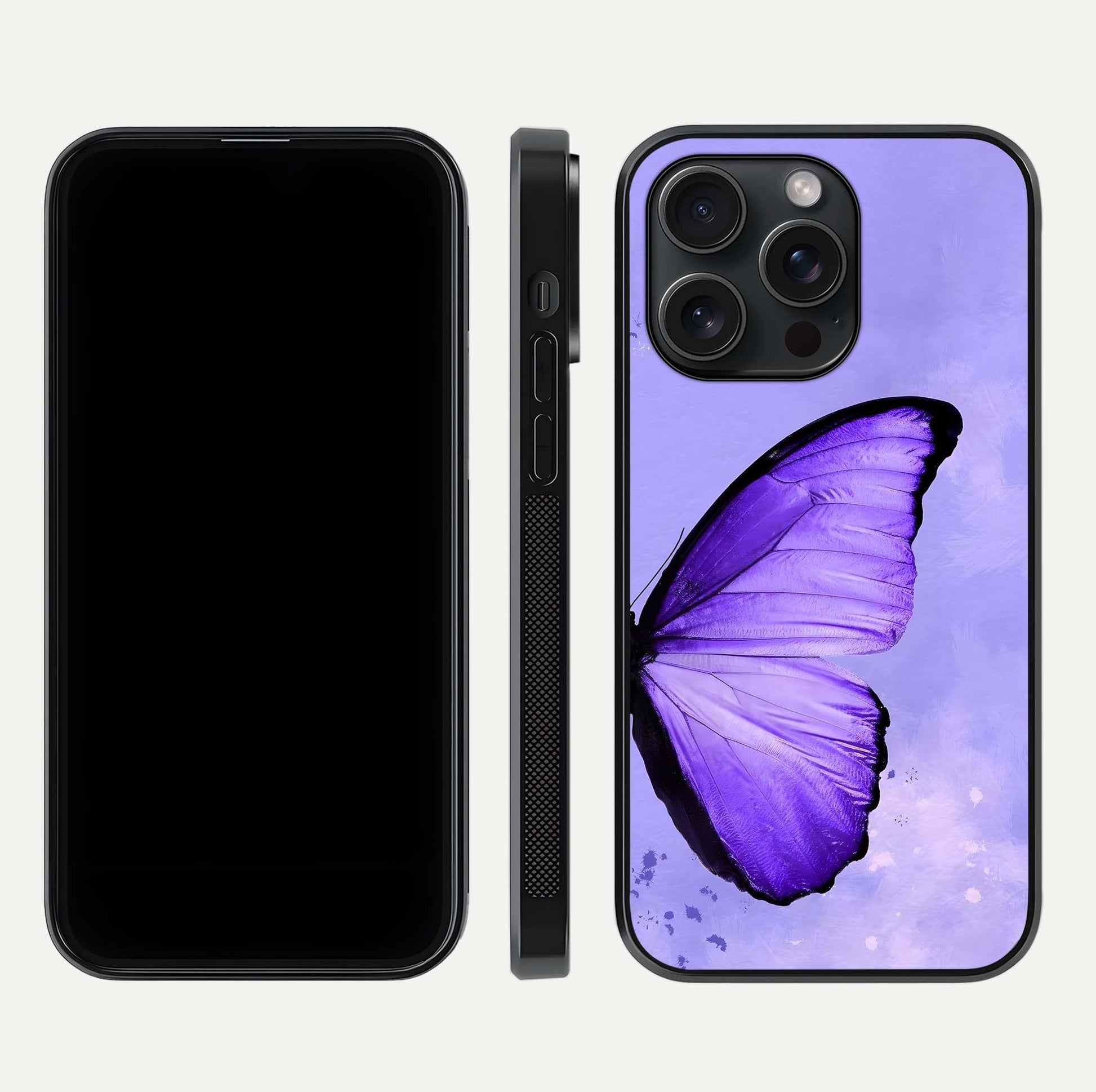 Violet Dream Wing Glass Case for iPhone 15 Pro front & back layout showing violet tones and smooth edges