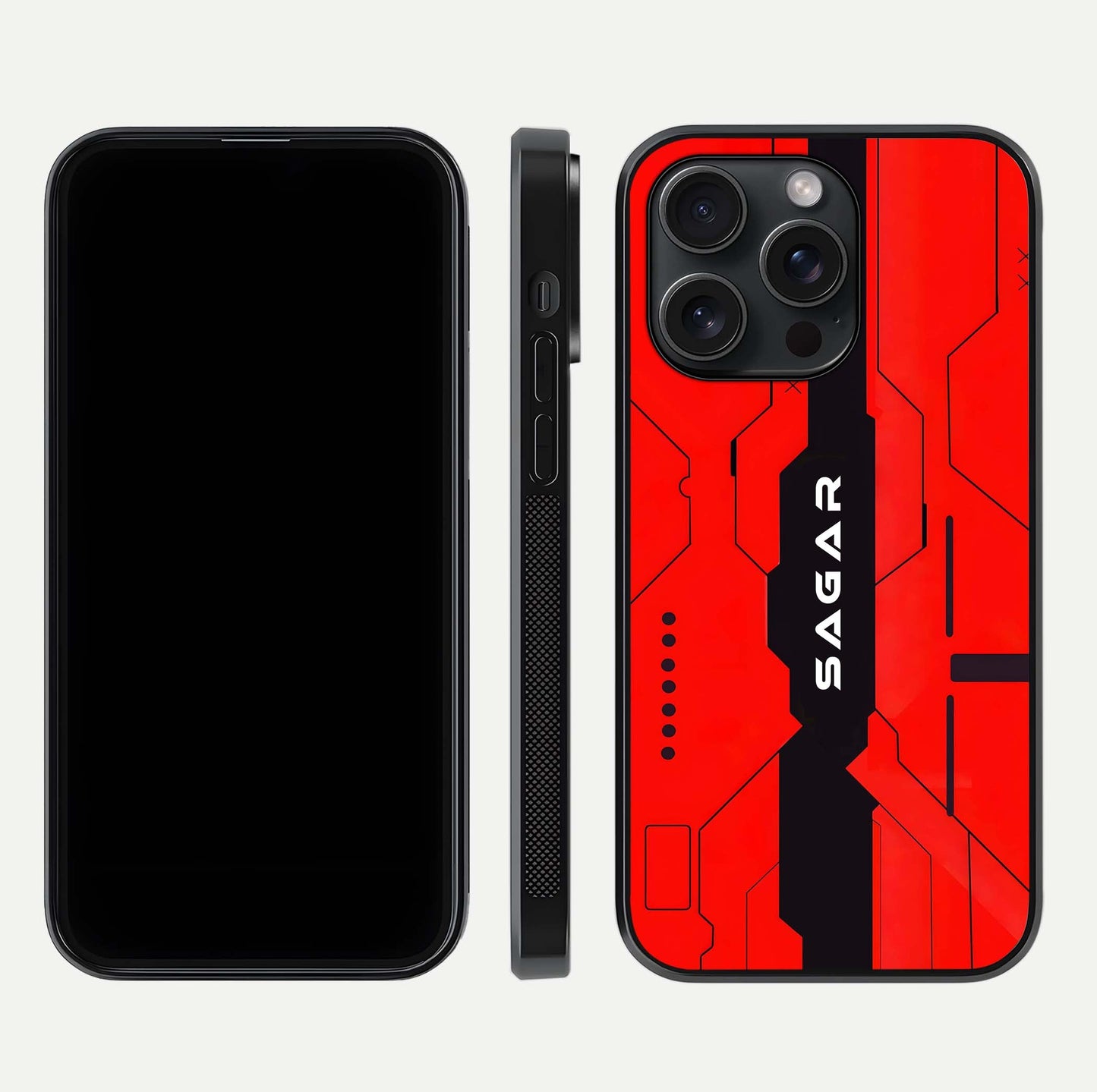 Voltage Rise CYBERPUNK Custom Name Glass Case for iPhone 15 Pro front & back layout showing futuristic tones and sleek edge