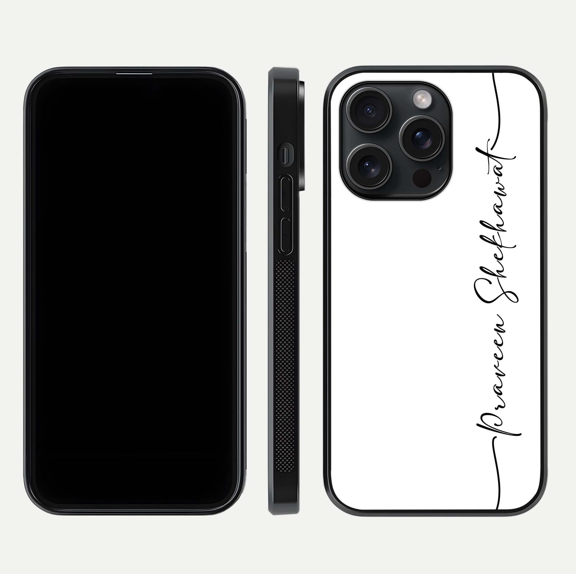 White Tune Custom Name Glass Case for iPhone 15 Pro front & back layout showing clean design and text placement
