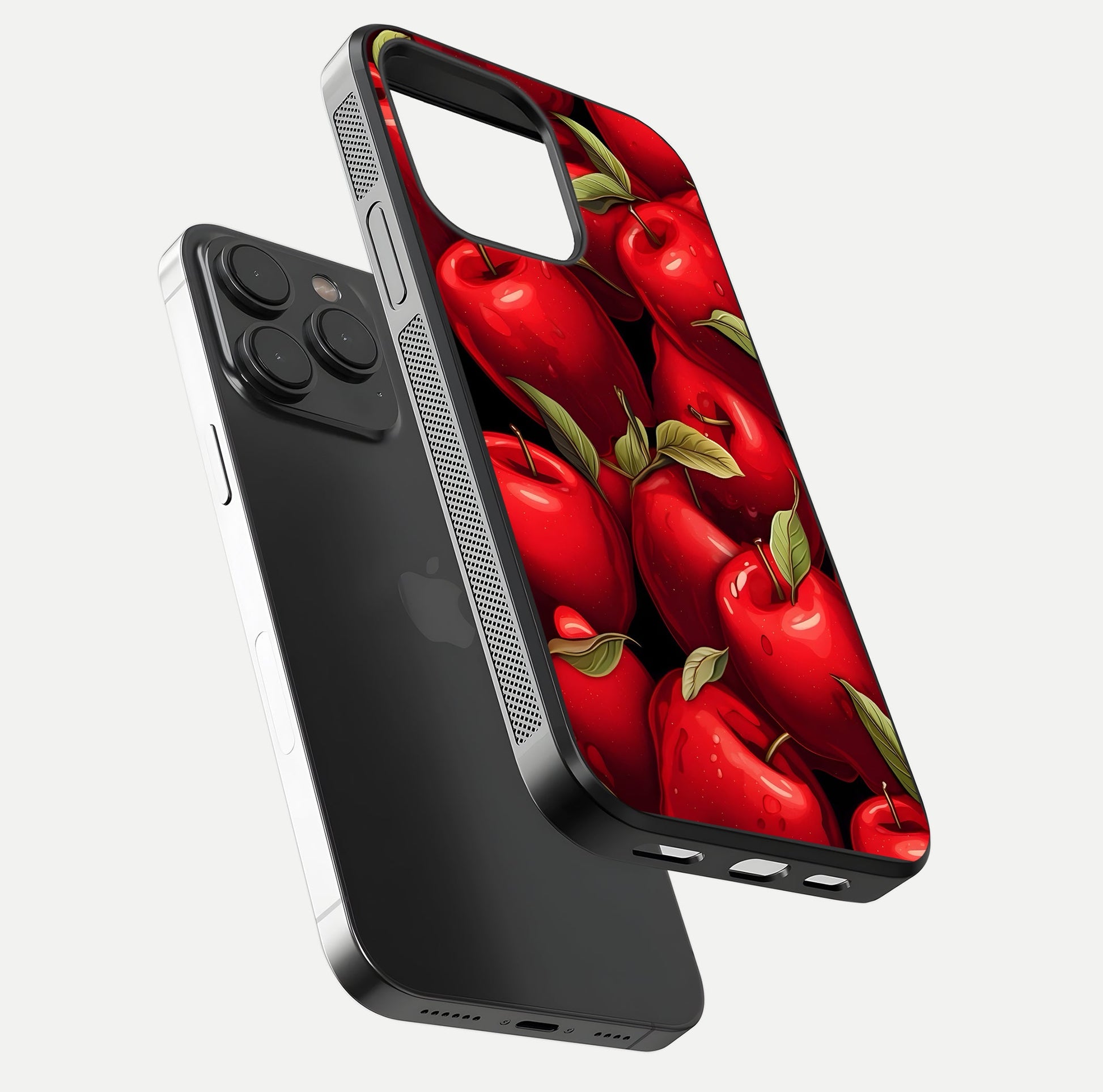 Apple Pattern Glass Case for iPhone 15 Pro floating mockup with smooth edge detailing and pattern clarity