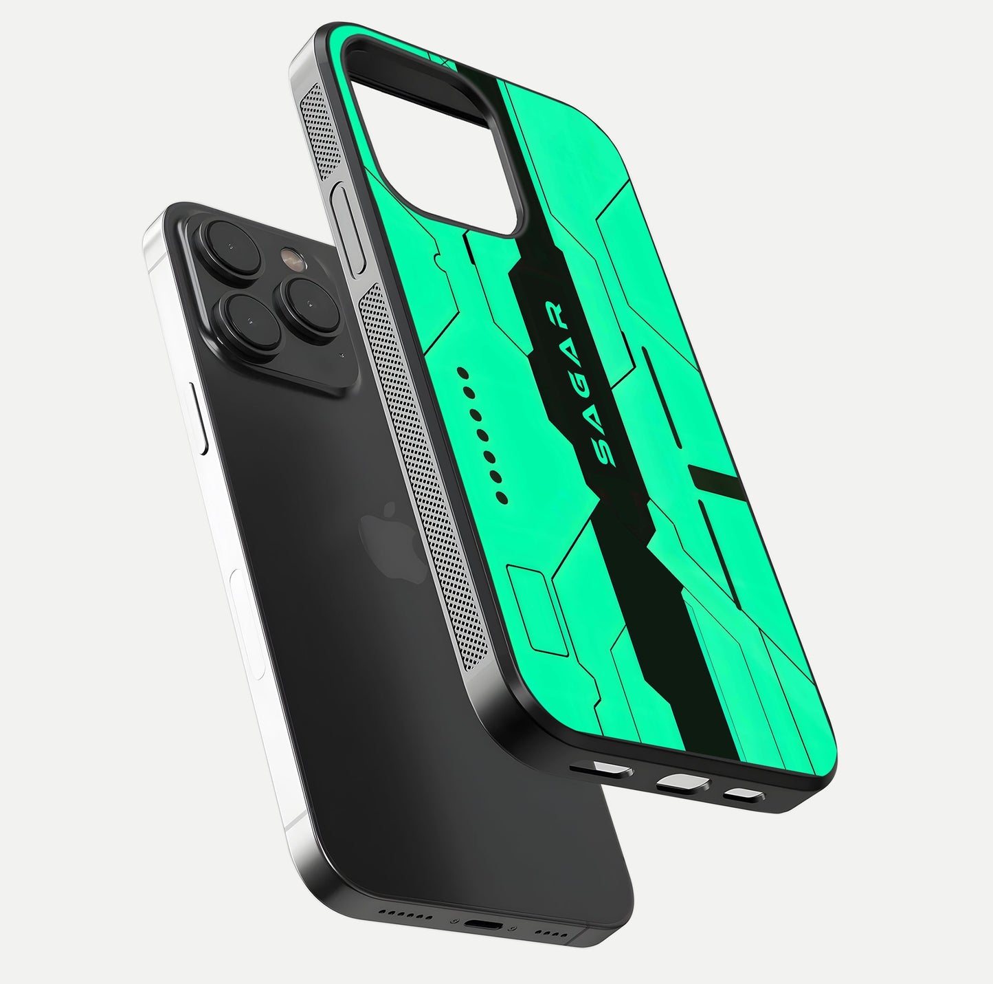 Aqua Tech CYBERPUNK Custom Name Glass Case for iPhone 15 Pro floating mockup highlighting name customization area