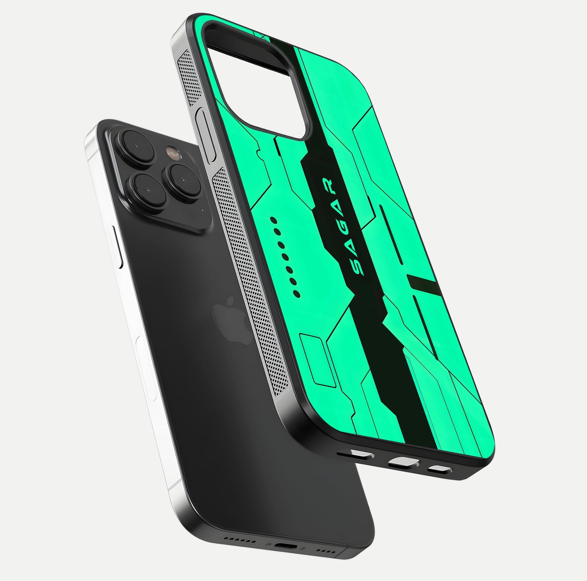 Aqua Tech CYBERPUNK Custom Name Glass Case for iPhone 15 Pro floating mockup highlighting name customization area