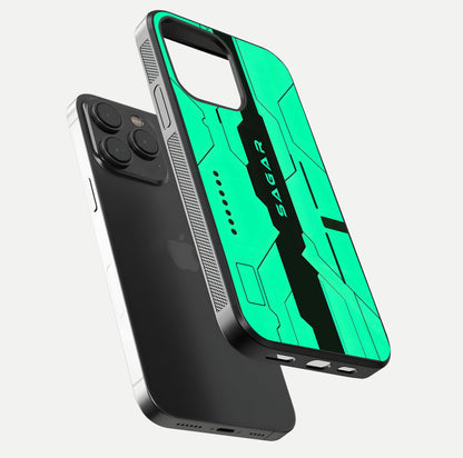 Aqua Tech CYBERPUNK Custom Name Glass Case for iPhone 15 Pro floating mockup highlighting name customization area