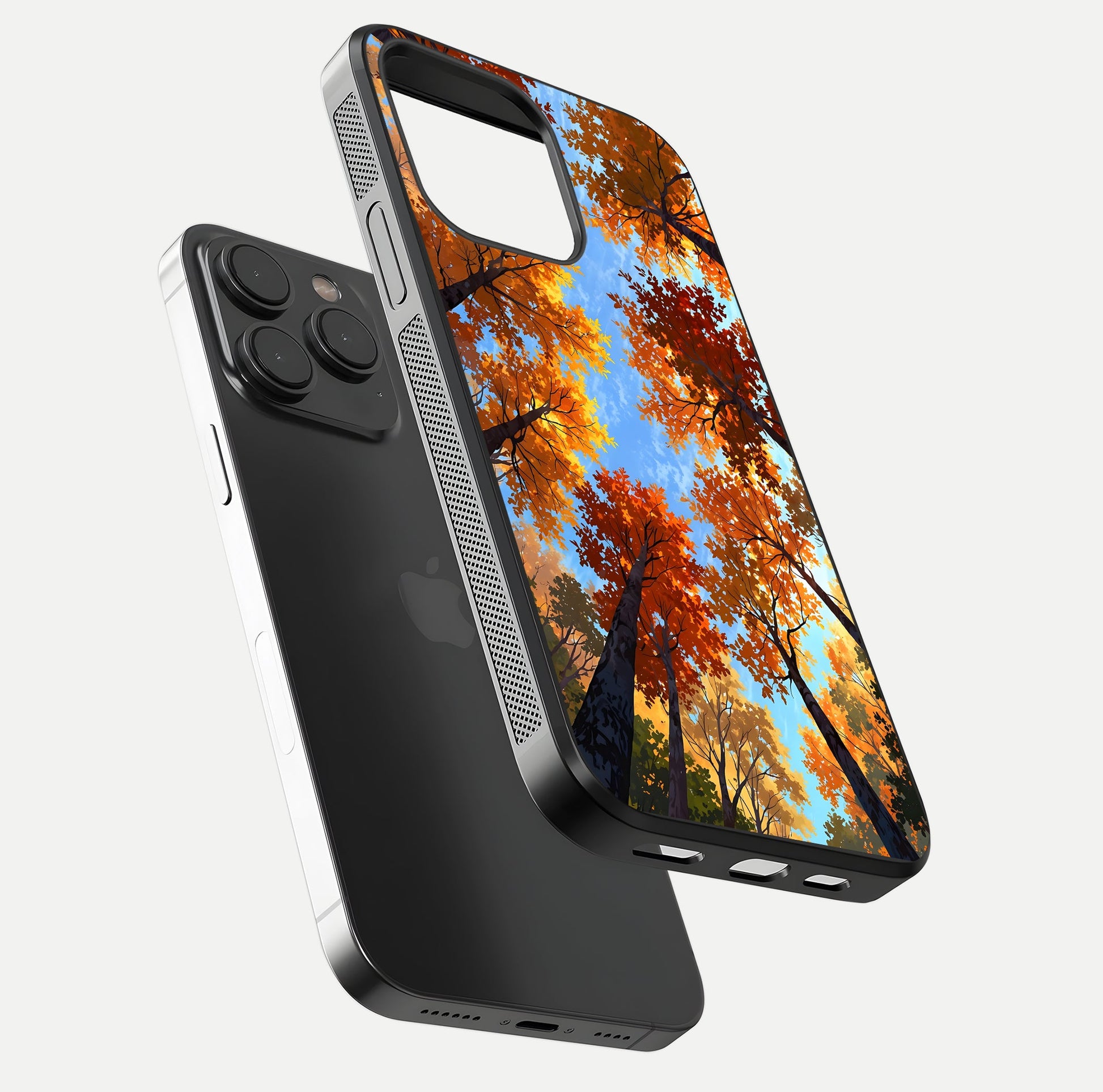 Autumn Sky Rise Glass Case for iPhone 15 Pro floating dual-view mockup with sky horizon and glossy highlights