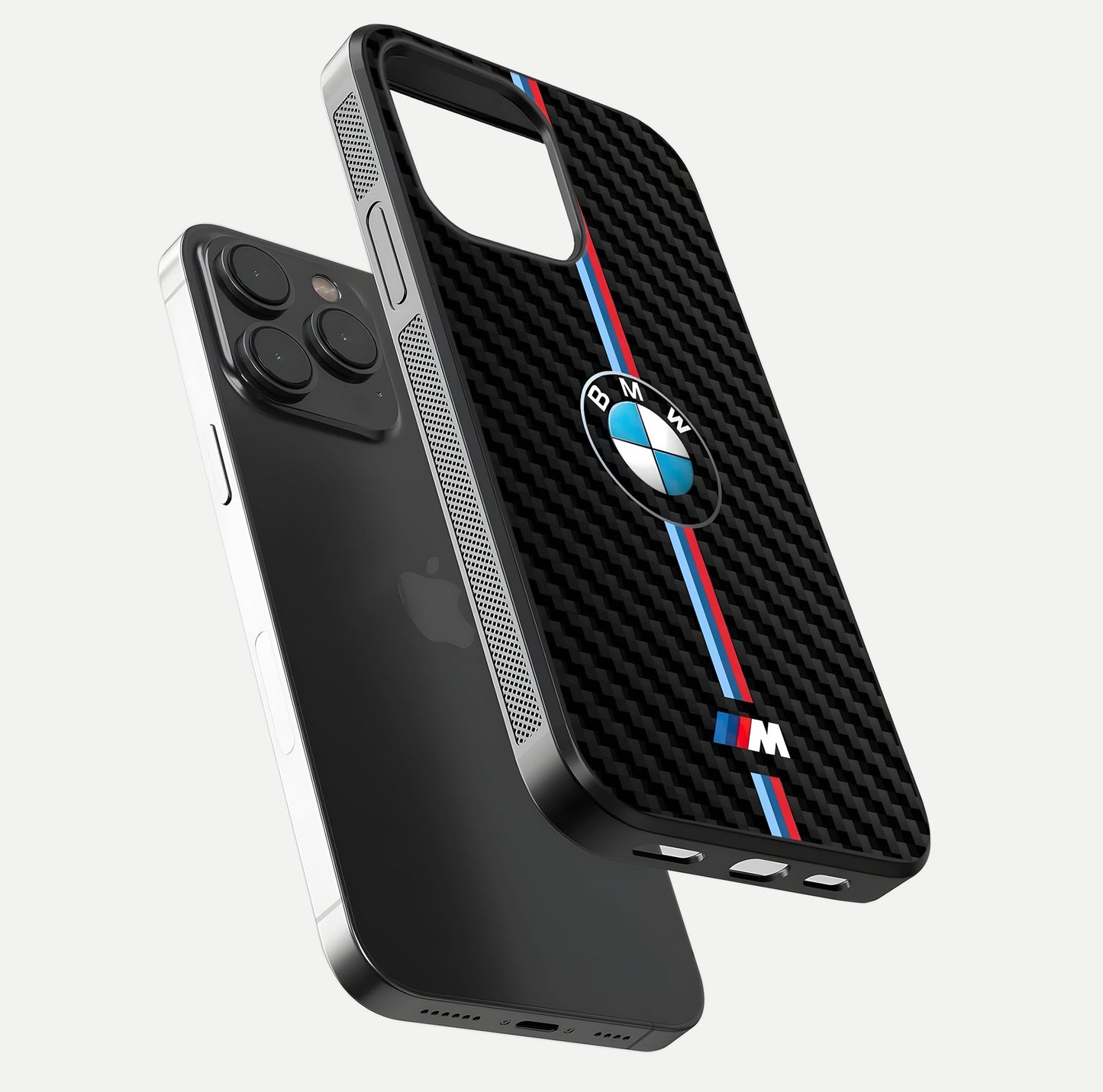 BMW Pattern Glass Case for iPhone 15 Pro floating mockup highlighting clean lines and metallic accent reflection