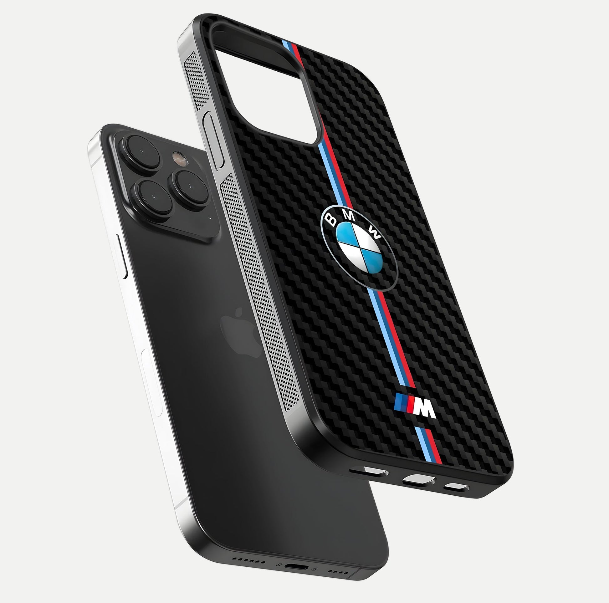 BMW Pattern Glass Case for iPhone 15 Pro floating mockup highlighting clean lines and metallic accent reflection