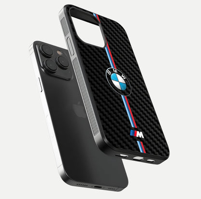 BMW Pattern Glass Case for iPhone 15 Pro floating mockup highlighting clean lines and metallic accent reflection