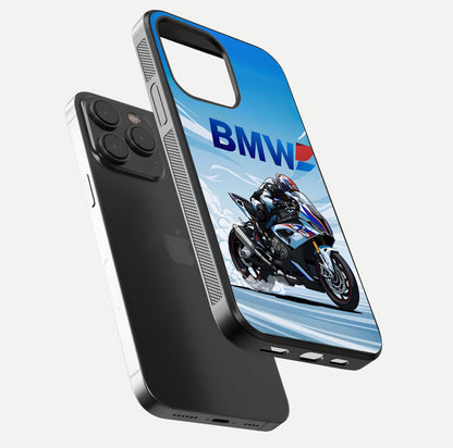 BMW Power Drift Glass Case for iPhone 15 Pro floating mockup displaying bold drift artwork and glossy polish