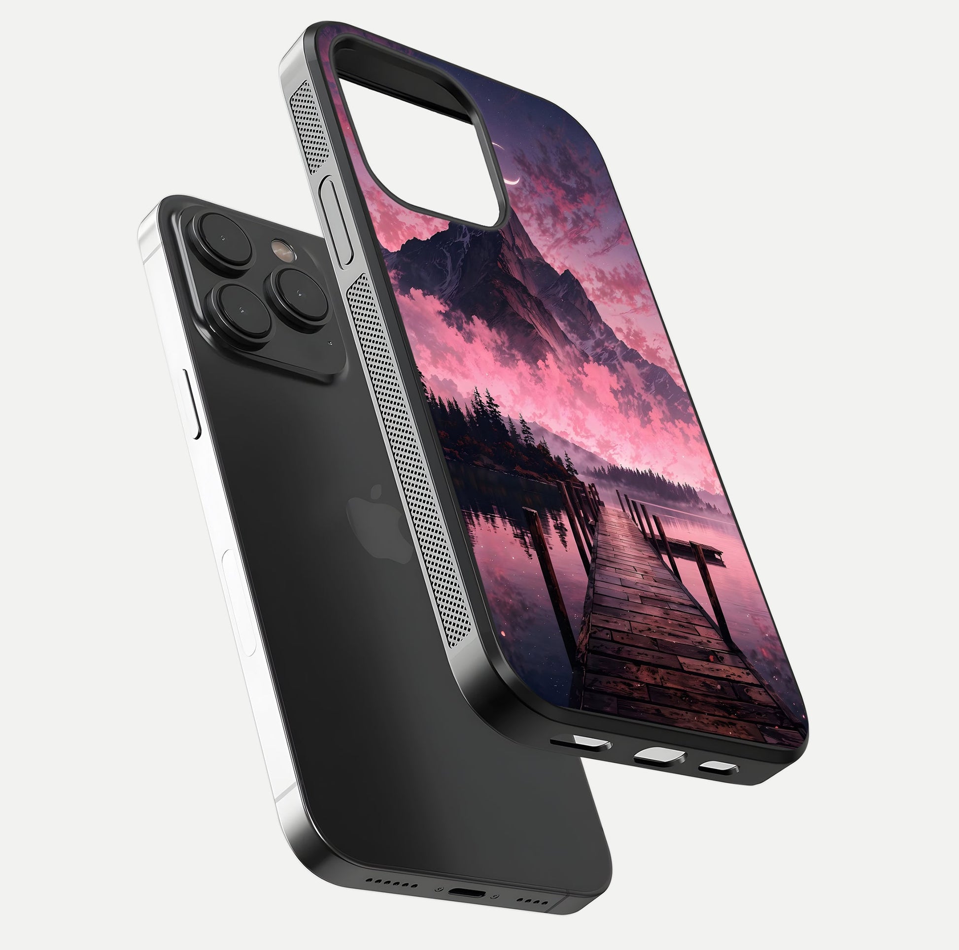 Beautyful Mountain View Glass Case for iPhone 15 Pro floating dual mockup showing edges and reflective sky print