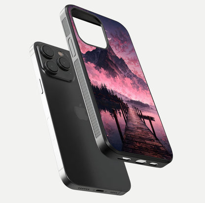 Beautyful Mountain View Glass Case for iPhone 15 Pro floating dual mockup showing edges and reflective sky print