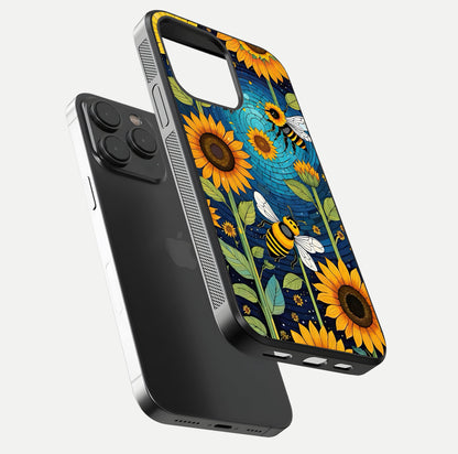 Bees & Sunflowers Glass Case for iPhone 15 Pro floating dual-view mockup displaying vibrant yellow tones and gloss texture