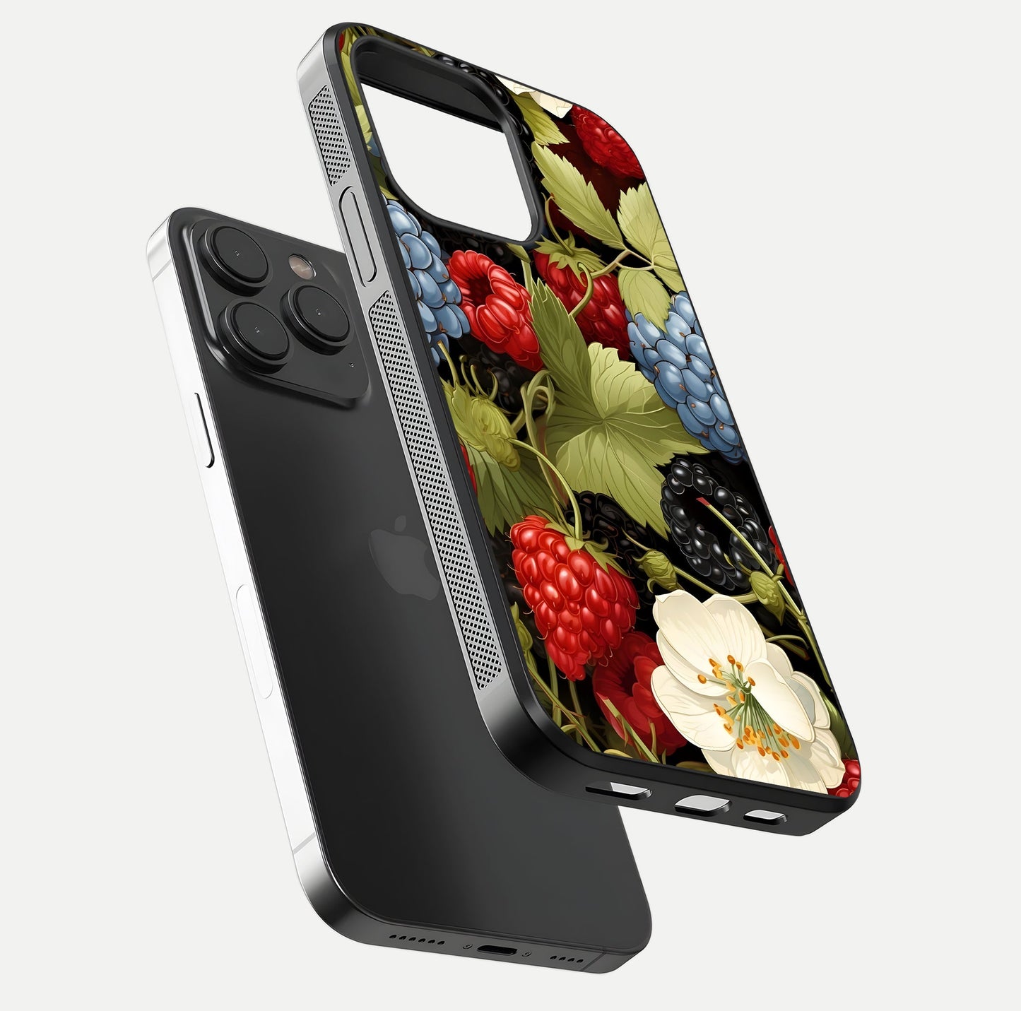 Berry Bloom Charm Glass Case for iPhone 15 Pro floating mockup capturing glossy reflection and curved-edge finish
