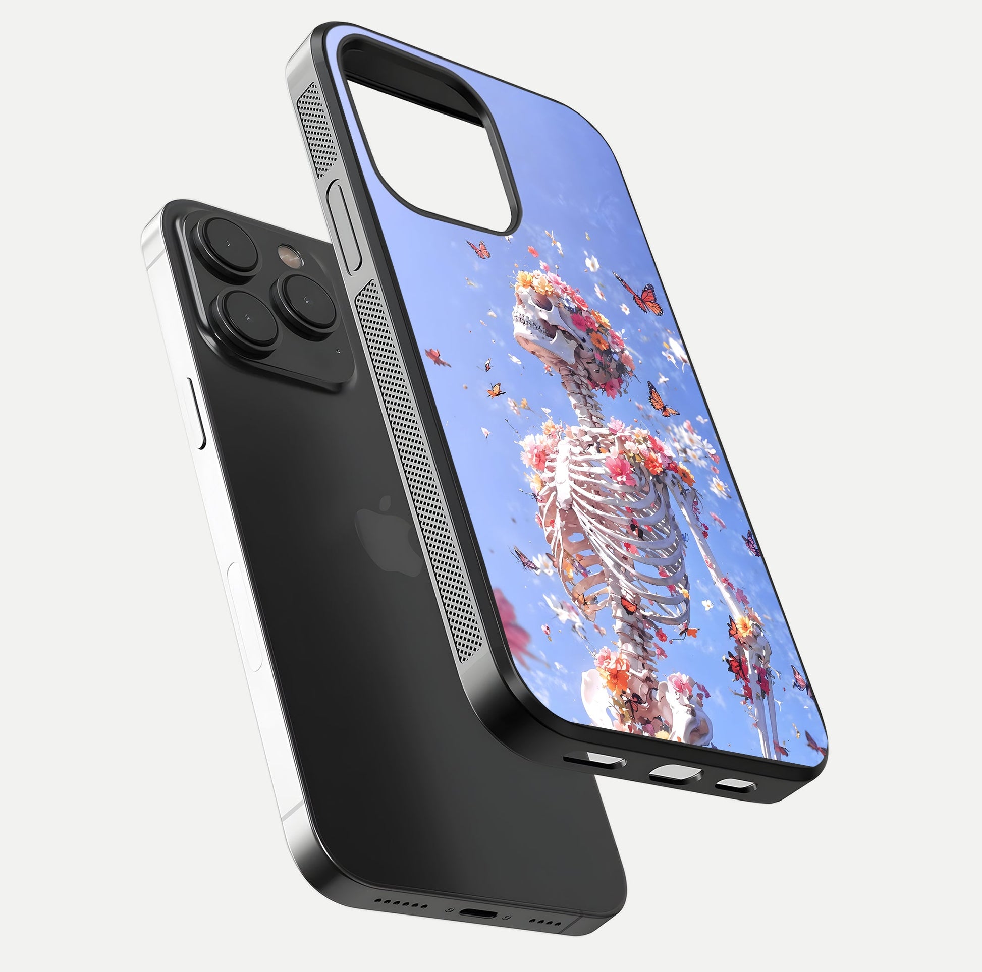 Bloom Beyond Bones Glass Case for iPhone 15 Pro floating mockup displaying shine, texture, and gloss detail