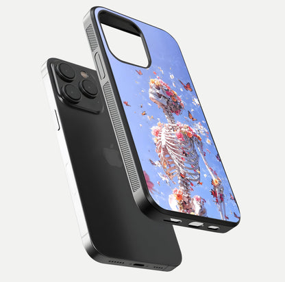 Bloom Beyond Bones Glass Case for iPhone 15 Pro floating mockup displaying shine, texture, and gloss detail