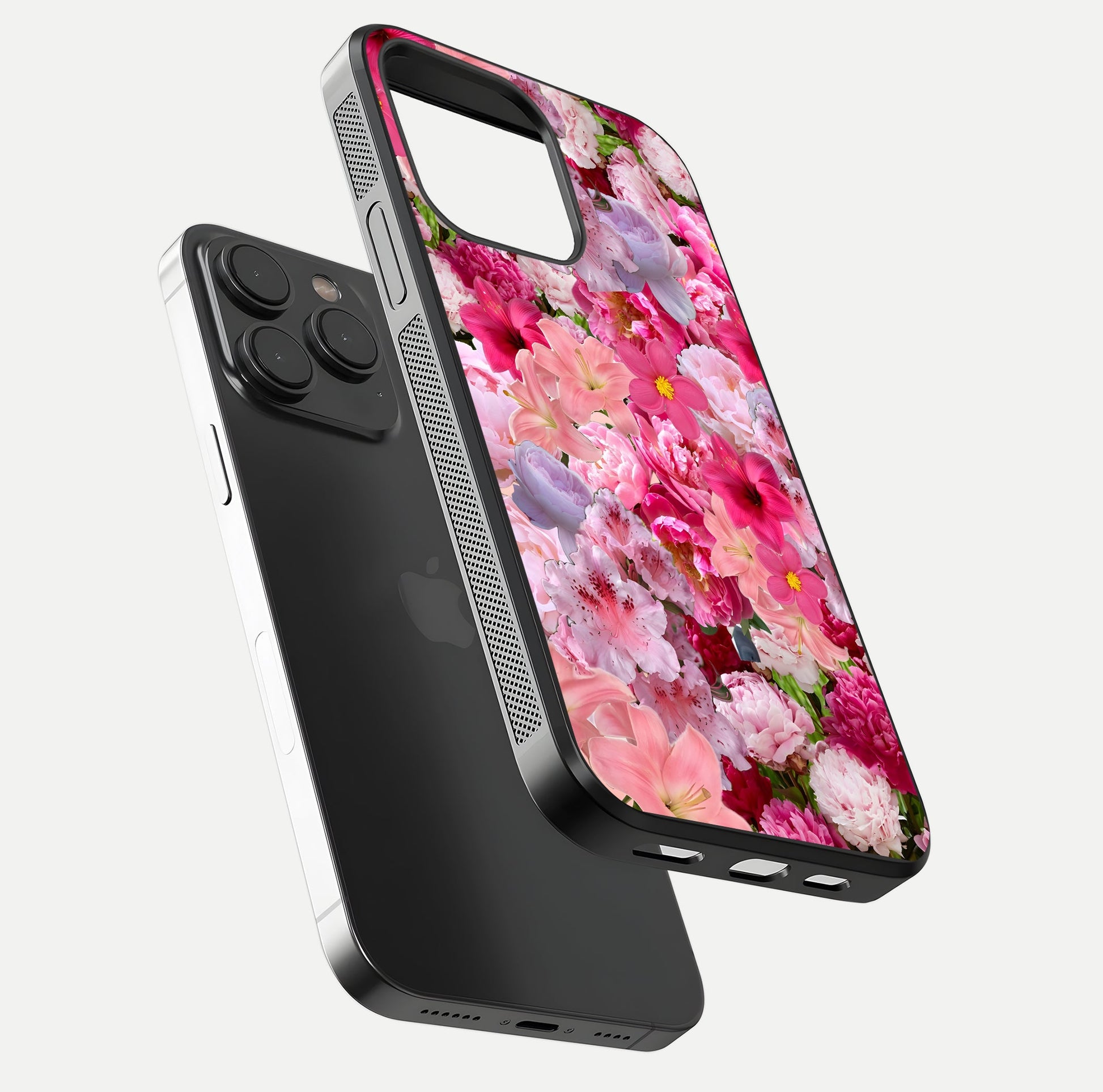 Bloom Crush Fantasy Glass Case for iPhone 15 Pro floating mockup showing floral pattern clarity and HD glass