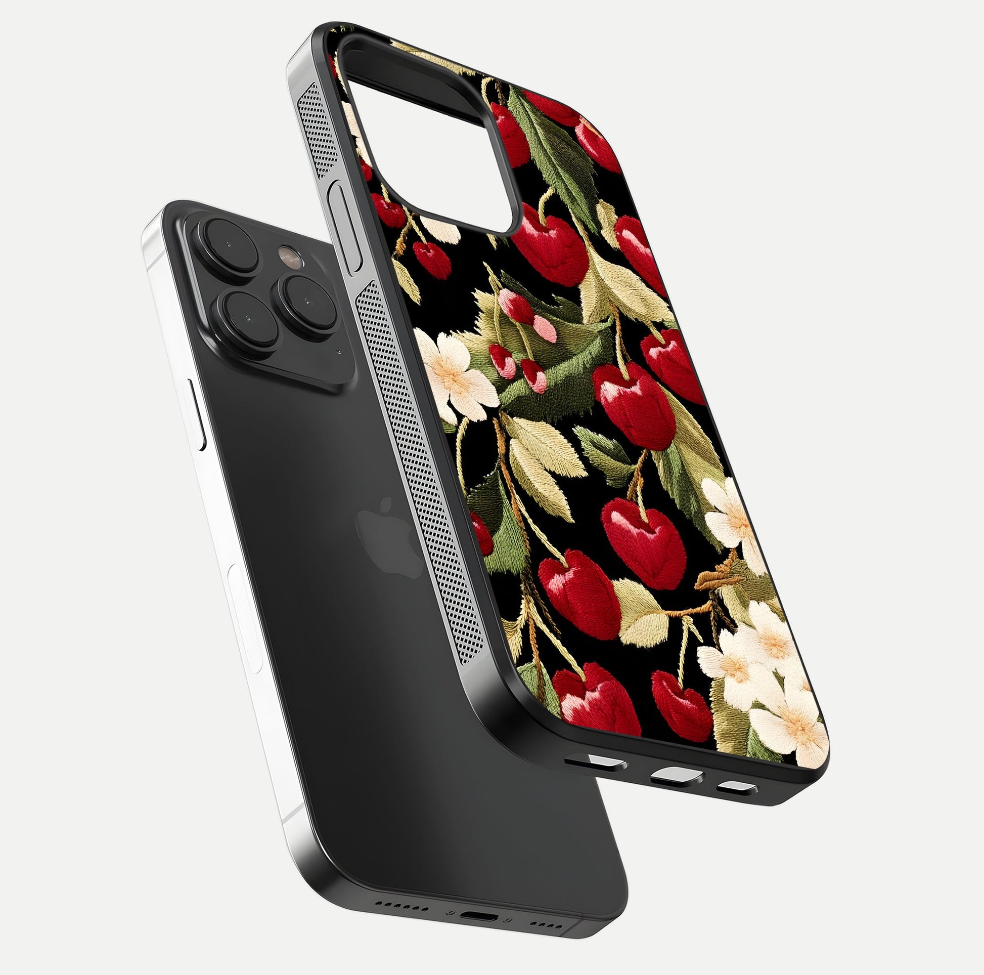 Bloom Thread Art Glass Case for iPhone 15 Pro floating mockup showing premium reflection and stitched art vibe