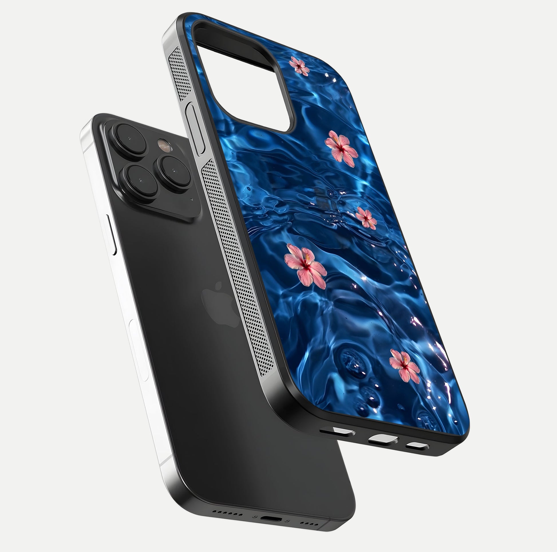 Blooming Water Drift Glass Case for iPhone 15 Pro floating dual-view mockup showing floral drift pattern and reflective surface