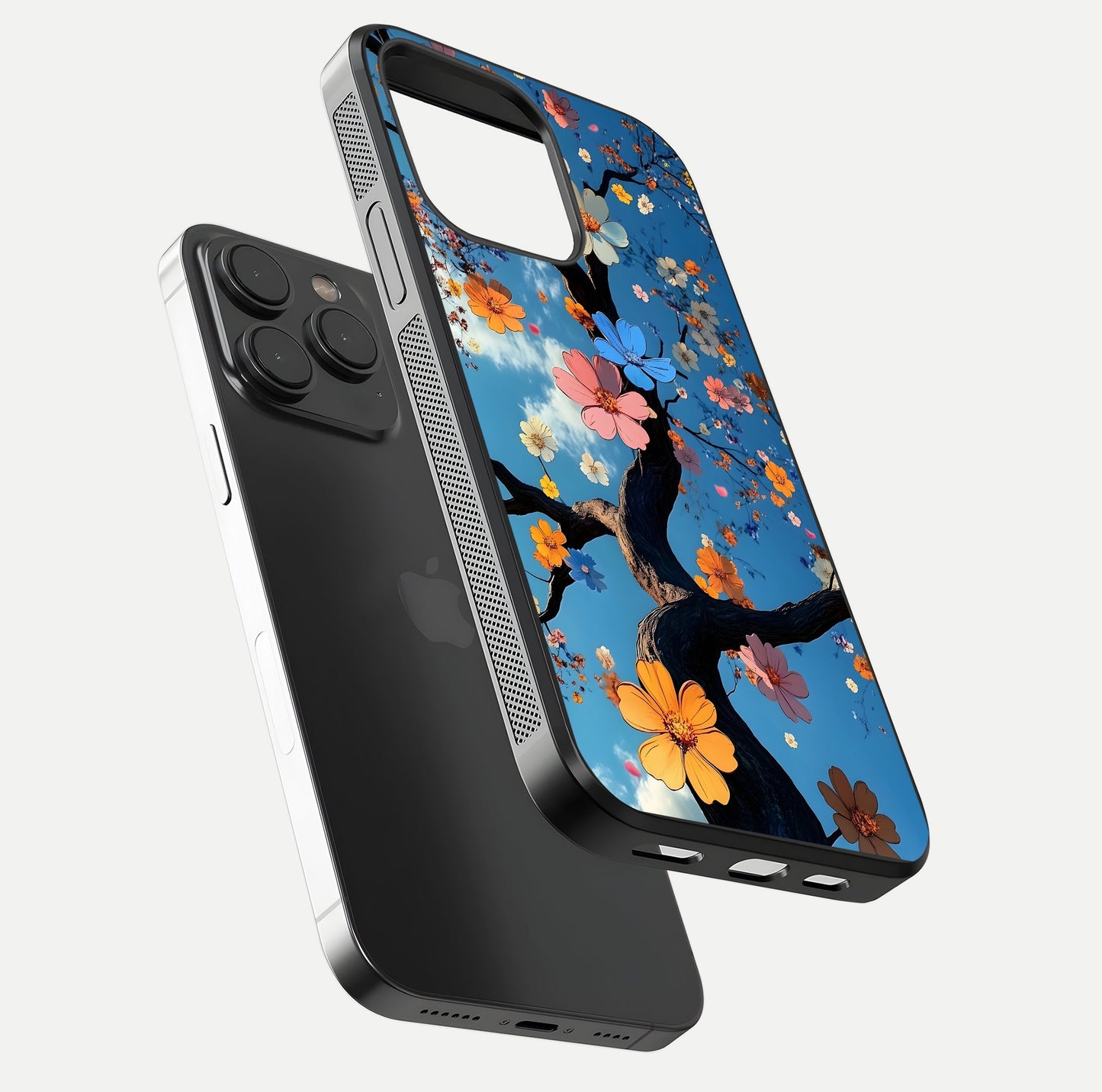 Blossom Dream Sky Glass Case for iPhone 15 Pro floating dual-mockup displaying smooth finish and elegant sky tones