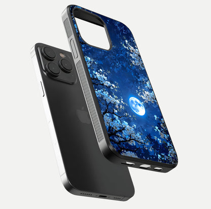Blossom Moonlight Sky Glass Case for iPhone 15 Pro floating mockup showing glowing moon accent and HD gloss texture