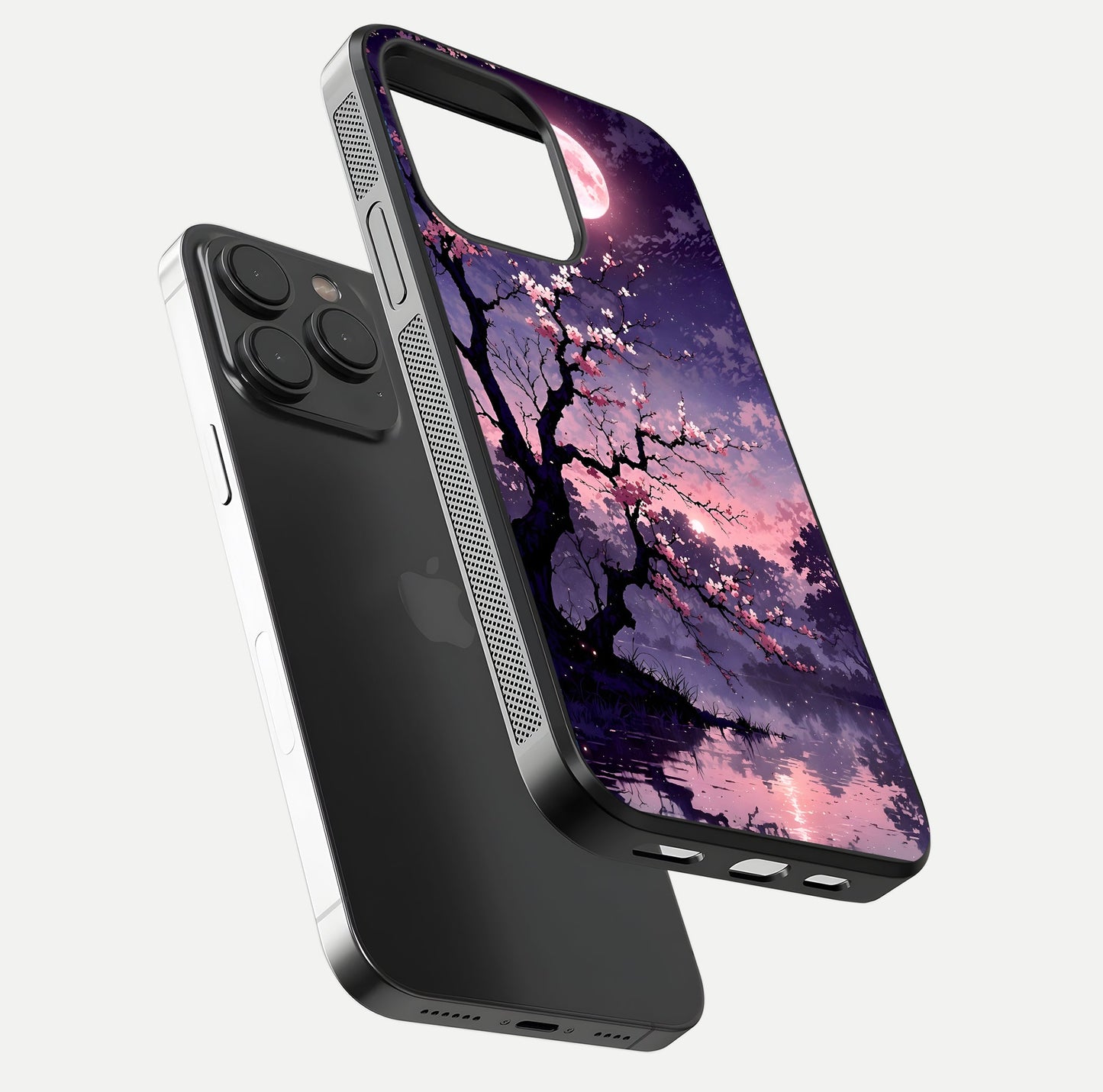 Blossom Pink Moon Glass Case for iPhone 15 Pro floating mockup emphasizing dreamy pink moon aura and smooth finish