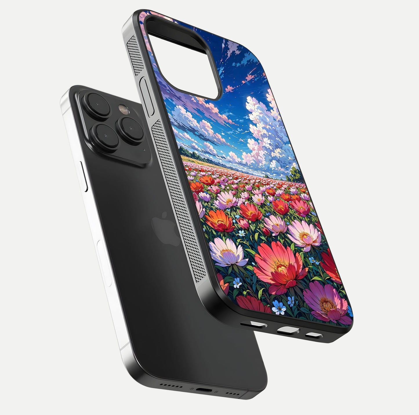 Blossom Sky Field Glass Case for iPhone 15 Pro floating mockup displaying sky bloom concept with smooth finish