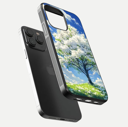 Blossom Sky Serenity Glass Case for iPhone 15 Pro floating mockup capturing gloss surface and tranquil design