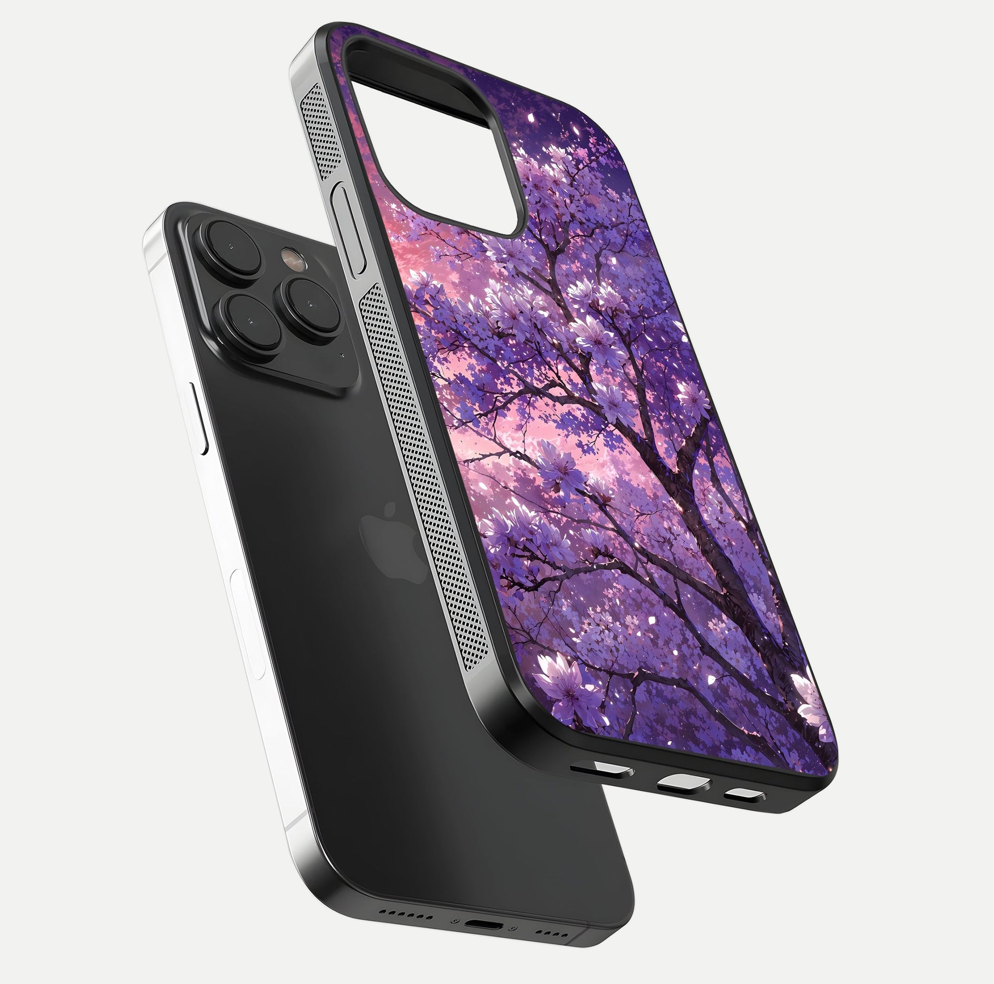 Blossom Tree Glass Case for iPhone 15 Pro floating dual-mockup displaying texture detail and curved edges