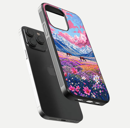 Blossom Valley Dream Glass Case for iPhone 15 Pro floating mockup showing floral valley blend and reflective surface