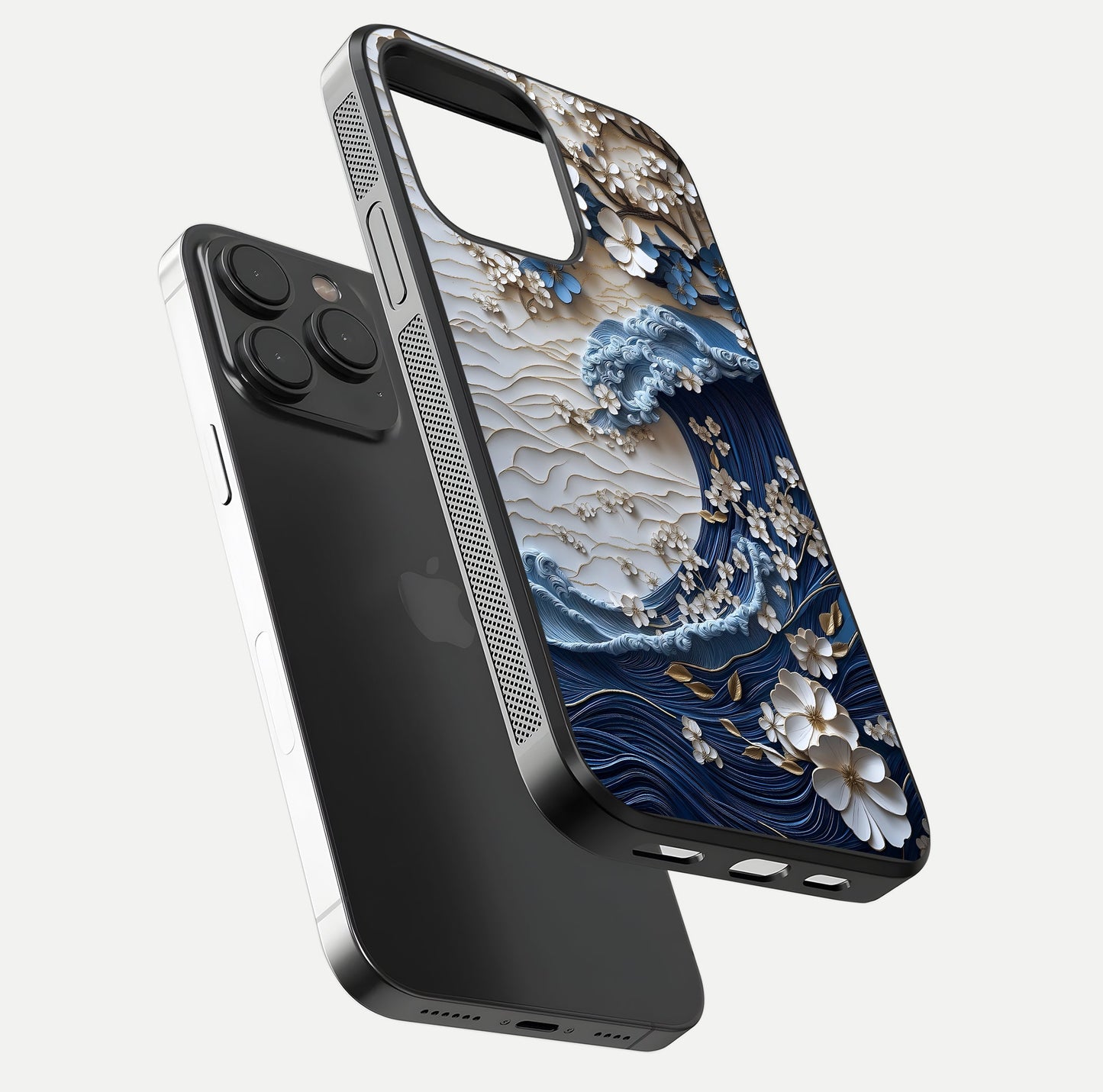 Blossom Wave Art Glass Case for iPhone 15 Pro floating mockup displaying pattern details and reflective shine