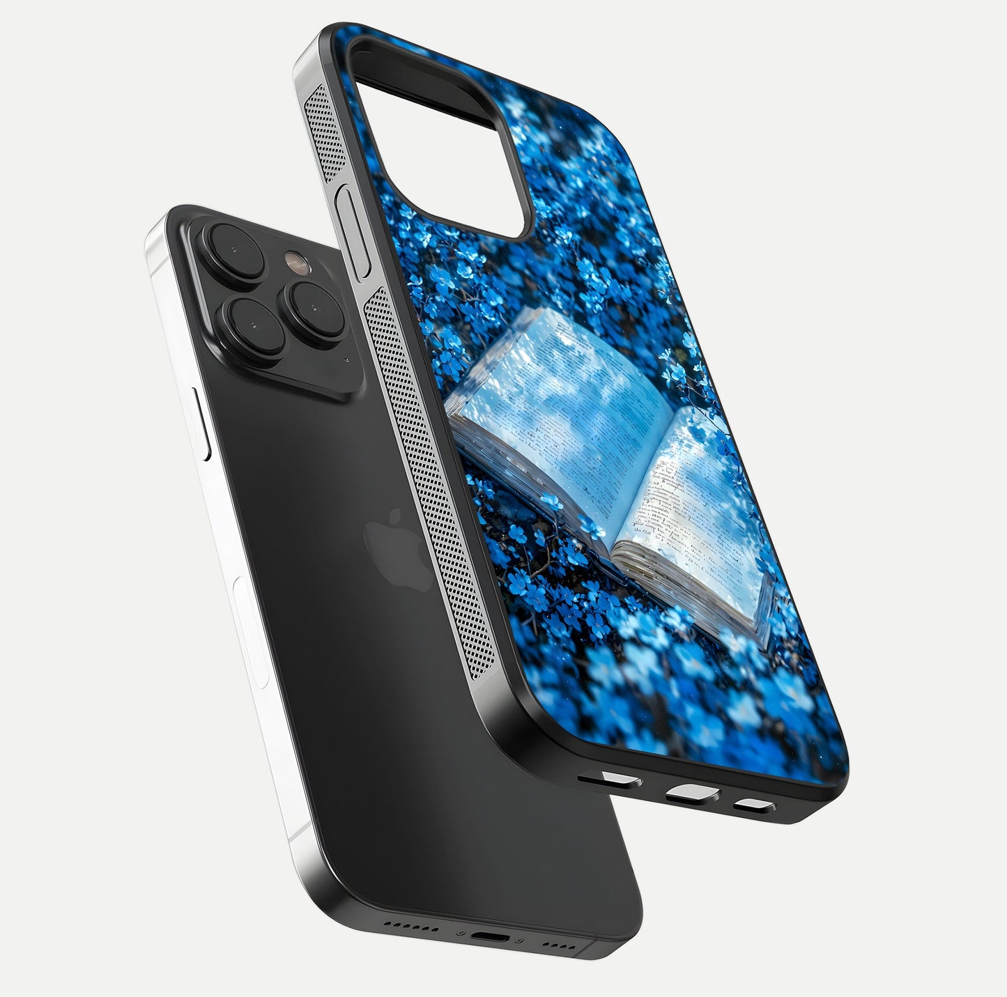 Blue Bloom Tales Glass Case for iPhone 15 Pro floating mockup showing detailed bloom and reflective surface