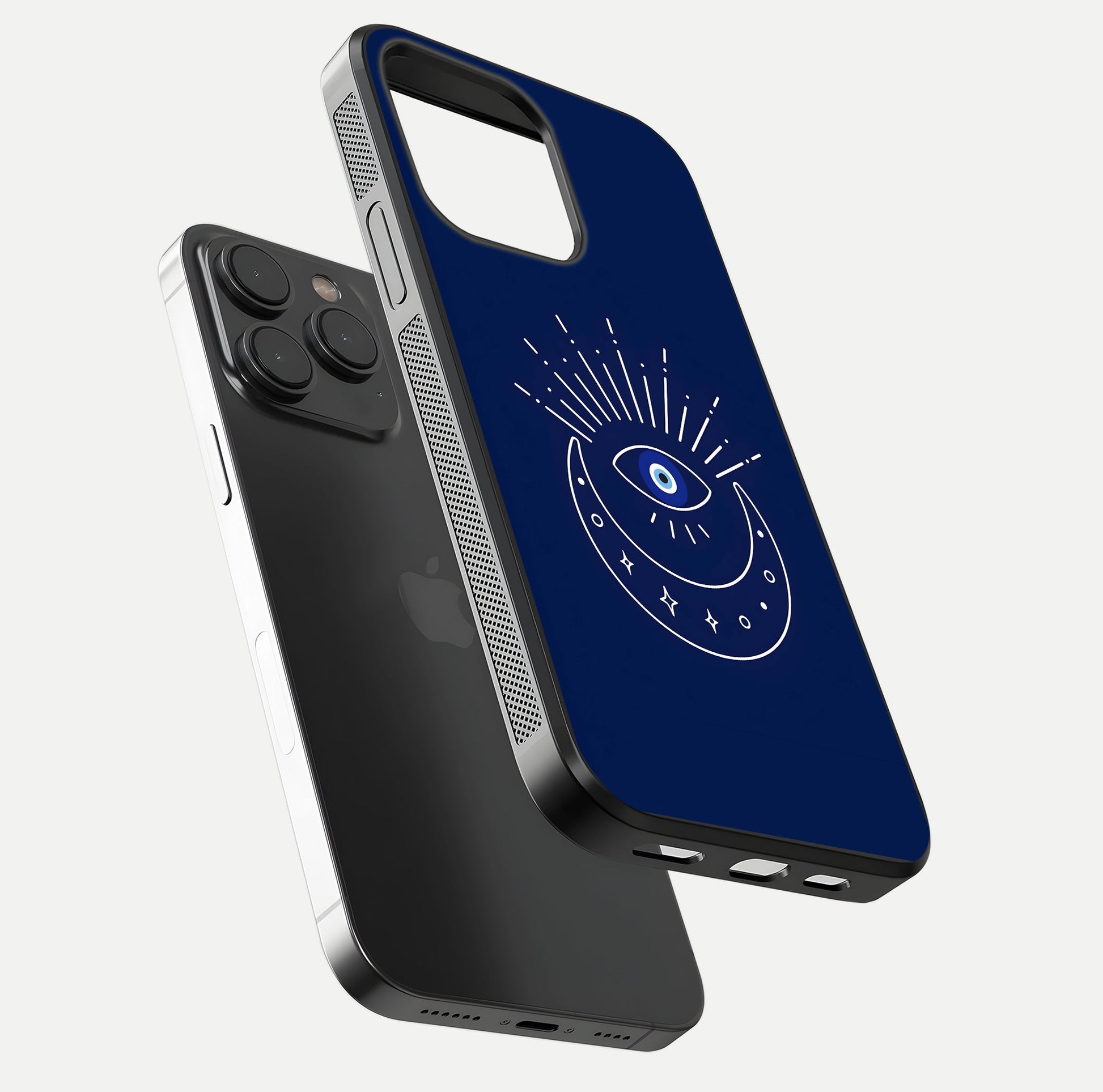 Blue Evil Eye Glass Case for iPhone 15 Pro floating mockup displaying glossy protection and spiritual artwork