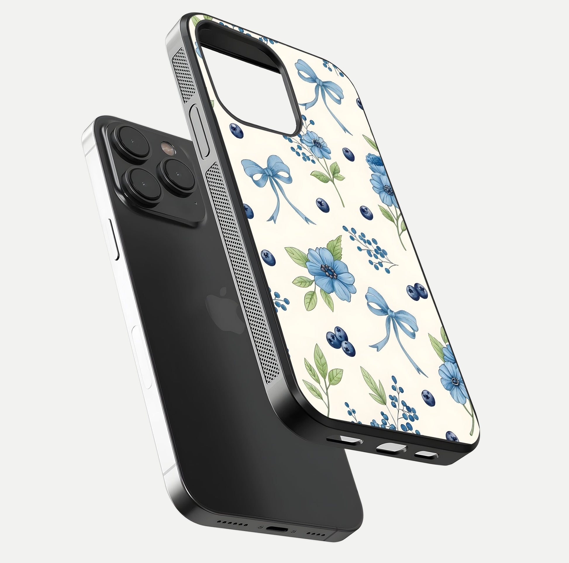 Blue Flower & Bow Glass Case for iPhone 15 Pro floating mockup capturing gloss reflection and girly aesthetic