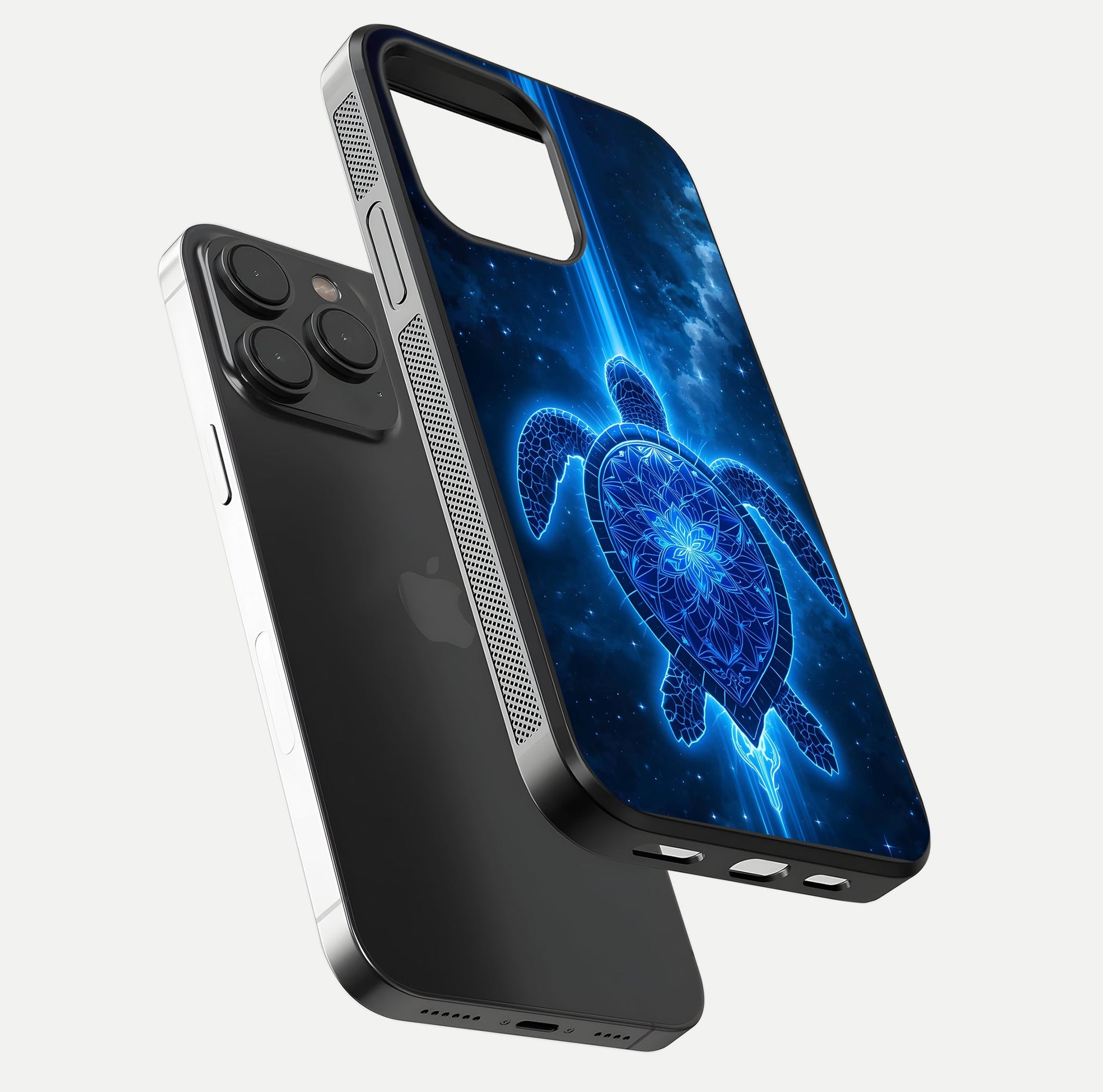 Blue Galaxy Turtle Glass Case for iPhone 15 Pro floating dual-mockup showing gloss depth and color transitions