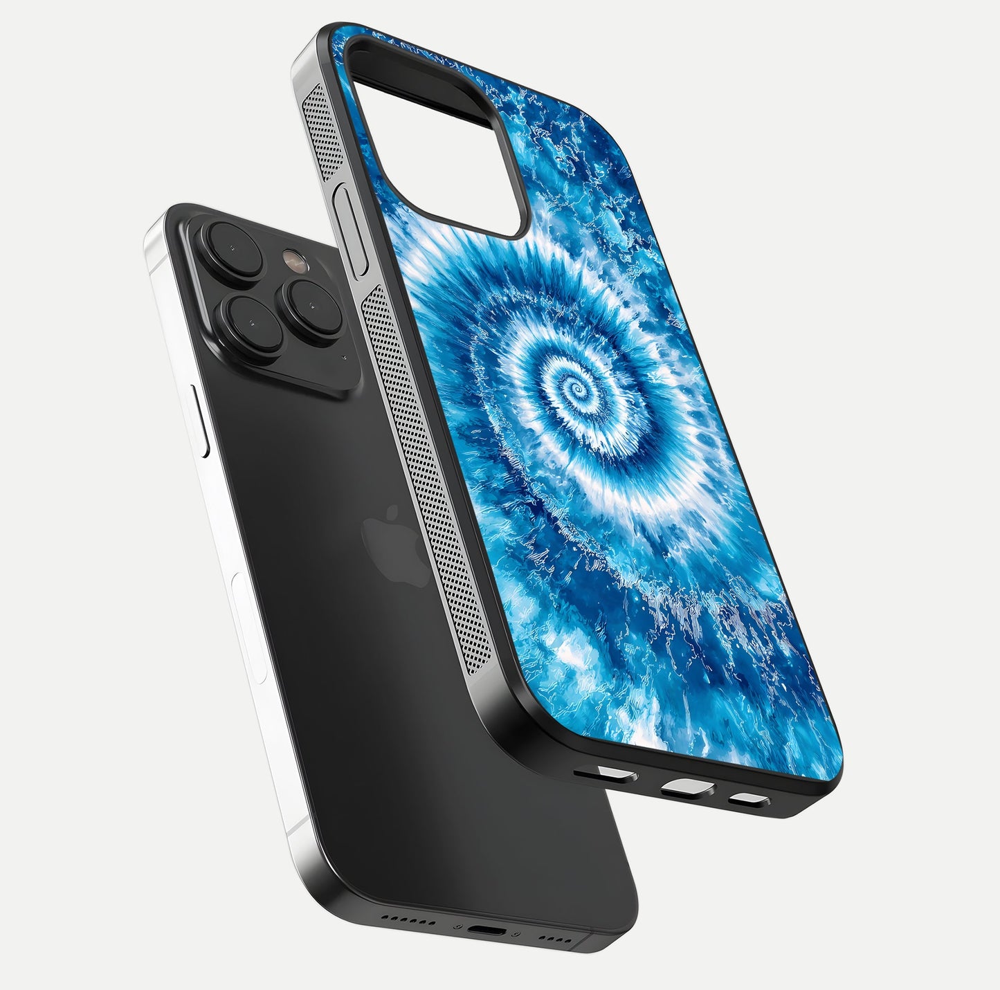 Blue Galaxy Wave Glass Case for iPhone 15 Pro floating mockup revealing cosmic depth and curved-edge texture